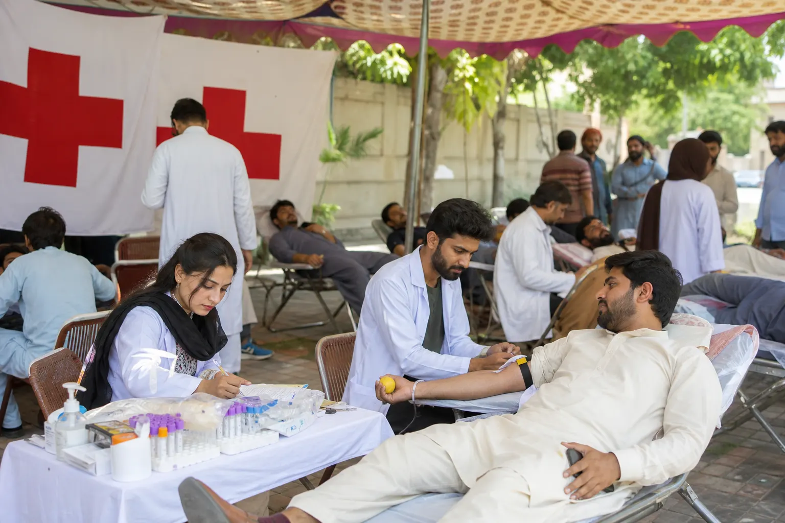 Blood donation camp with volunteers and donors in Pakistan