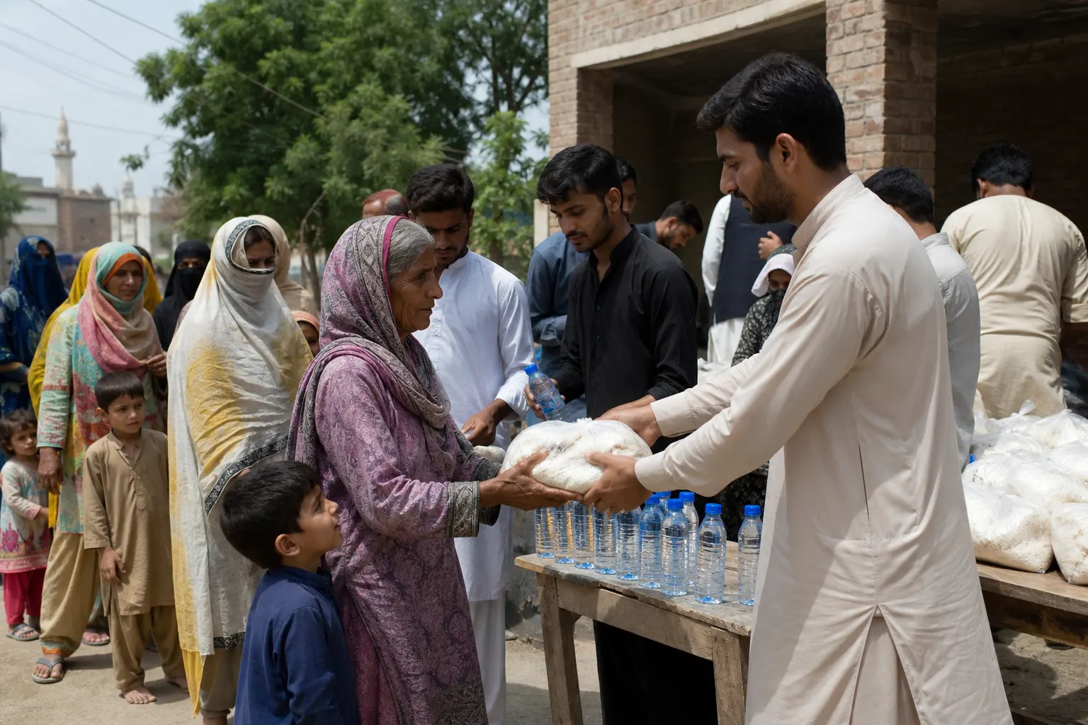 Volunteers distributing aid to families at a Pakistan community welfare drive